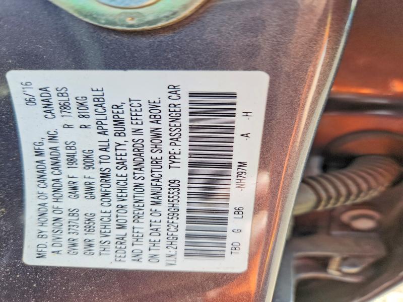 52055796 :رقم المزاد ، 2HGFC2F59GH555309 vin ، 2016 Honda Civic مزاد بيع