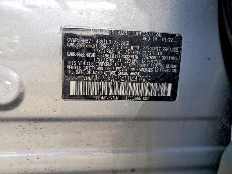 52095226 :رقم المزاد ، JF2SKAEC4NH447503 vin ، 2022 Subaru Forester مزاد بيع