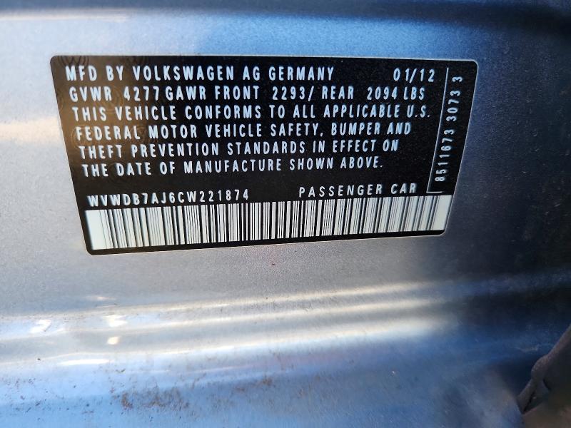 53774906 :رقم المزاد ، WVWDB7AJ6CW221874 vin ، 2012 Volkswagen Golf مزاد بيع