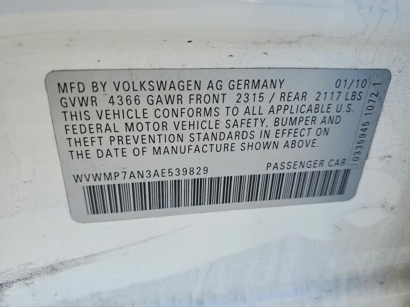 2010 Volkswagen Cc მანქანა იყიდება აუქციონზე, vin: WVWMP7AN3AE539829, აუქციონის ნომერი: 53016096