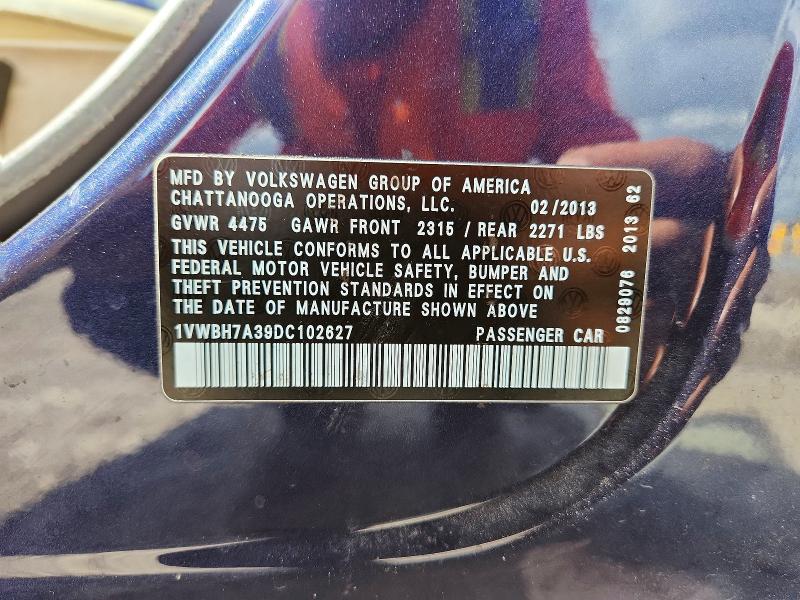 54394506 :رقم المزاد ، 1VWBH7A39DC102627 vin ، 2013 Volkswagen Passat مزاد بيع