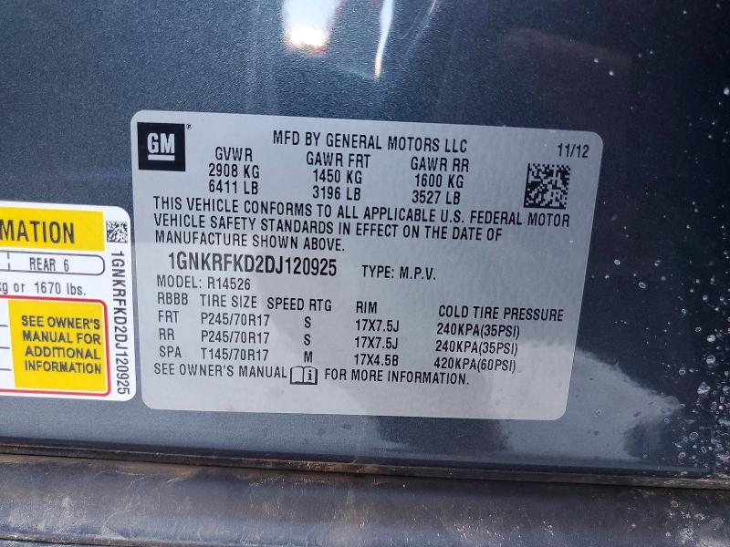 53343526 :رقم المزاد ، 1GNKRFKD2DJ120925 vin ، 2013 Chevrolet Traverse مزاد بيع