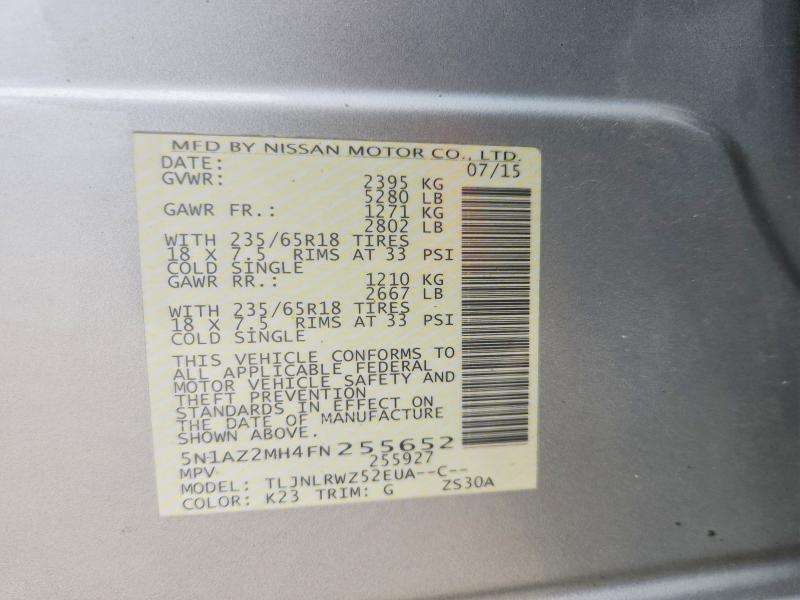 2015 Nissan Murano მანქანა იყიდება აუქციონზე, vin: 5N1AZ2MH4FN255652, აუქციონის ნომერი: 54549016