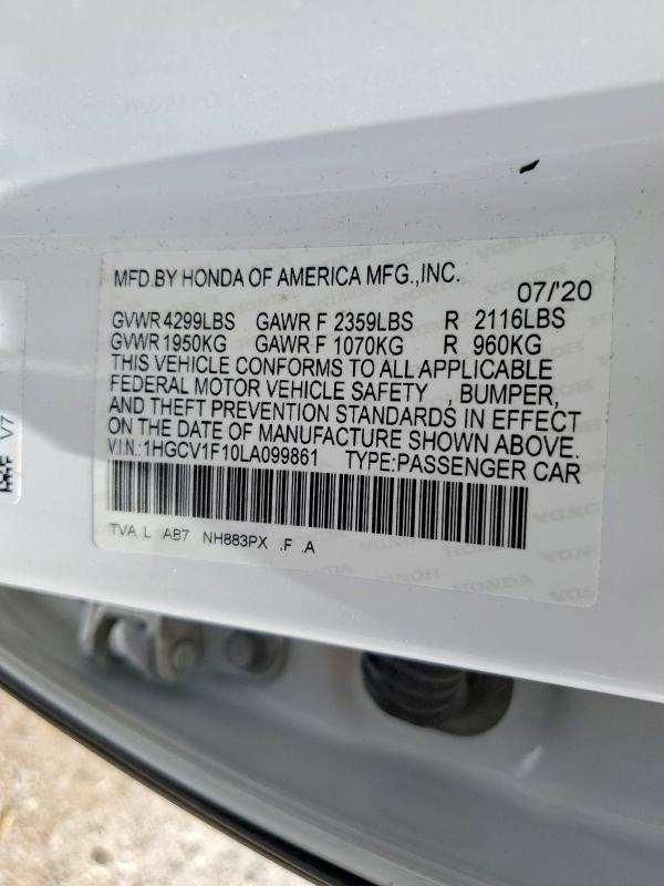 Продажа на аукционе авто 2020 Honda Accord, vin: 1HGCV1F10LA099861, номер лота: 54022646