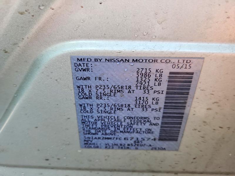 Продаж на аукціоні авто 2015 Nissan Pathfinder, vin: 5N1AR2MM7FC671574, номер лоту: 52477846