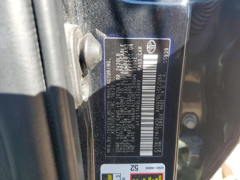 53598916 :رقم المزاد ، 4T1G11AK6LU509889 vin ، 2020 Toyota Camry مزاد بيع