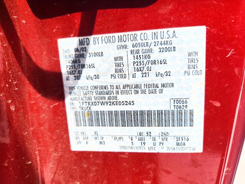 52421556 :رقم المزاد ، 1FTRX07W92KE05245 vin ، 2002 Ford F150 مزاد بيع