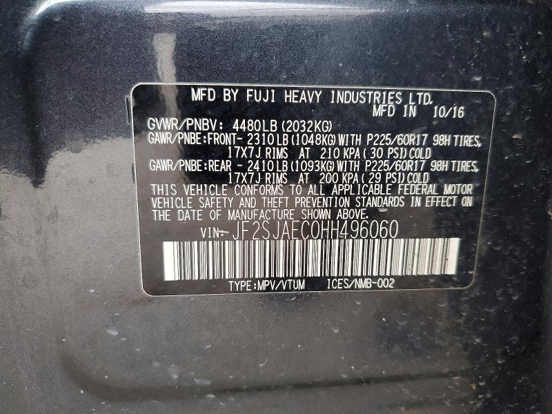 2017 Subaru Forester მანქანა იყიდება აუქციონზე, vin: JF2SJAEC0HH496060, აუქციონის ნომერი: 53551776