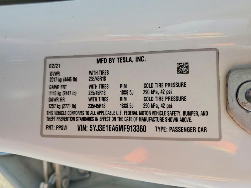 2021 Tesla Model 3 მანქანა იყიდება აუქციონზე, vin: 5YJ3E1EA6MF913360, აუქციონის ნომერი: 54643466