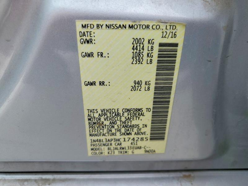 Продаж на аукціоні авто 2017 Nissan Altima, vin: 1N4BL3AP3HC174285, номер лоту: 53716826