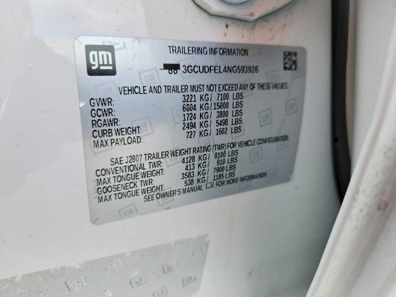Aukcja sprzedaży 2022 Chevrolet Silverado, vin: 3GCUDFEL4NG593926, numer aukcji: 51952336