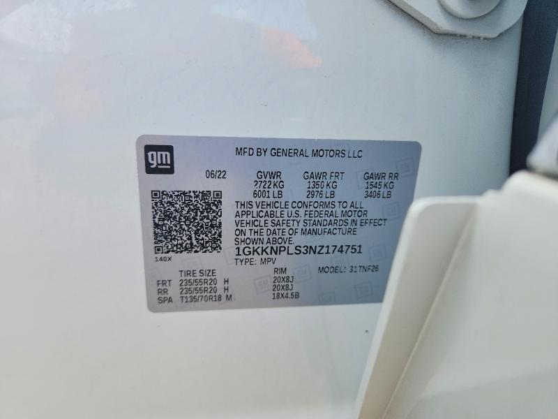 Aukcja sprzedaży 2022 Gmc Acadia, vin: 1GKKNPLS3NZ174751, numer aukcji: 54447836
