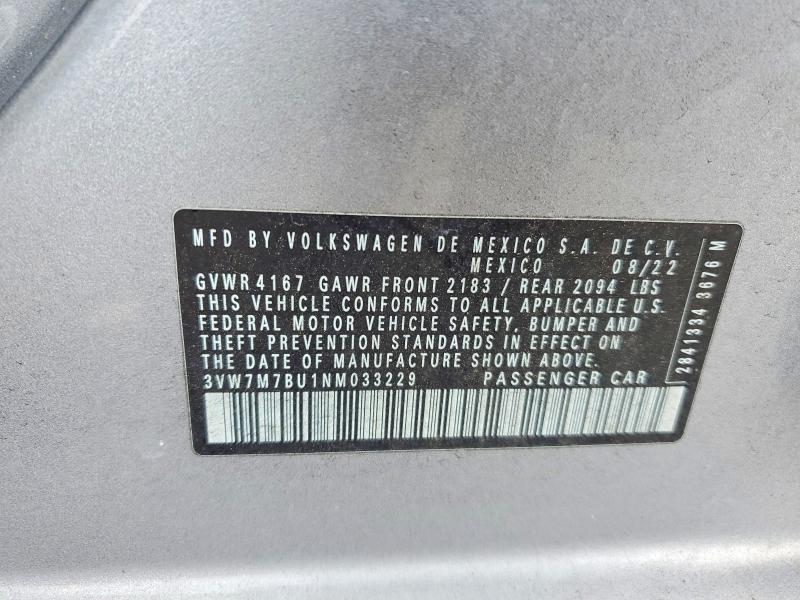 Продаж на аукціоні авто 2022 Volkswagen Jetta, vin: 3VW7M7BU1NM033229, номер лоту: 55354856