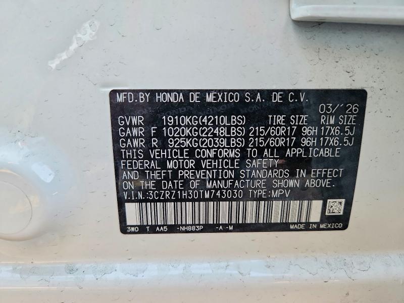 Продажа на аукционе авто 2026 Honda Hr-v, vin: 3CZRZ1H30TM743030, номер лота: 54257566