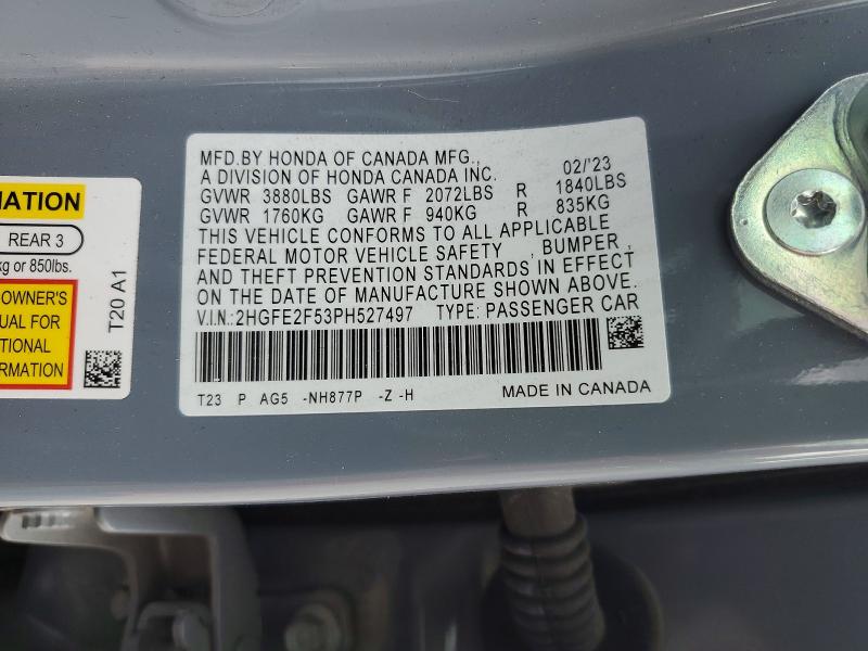 Продаж на аукціоні авто 2023 Honda Civic, vin: 2HGFE2F53PH527497, номер лоту: 54665536