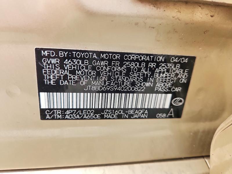53767856 :رقم المزاد ، JT8BD69S940200822 vin ، 2004 Lexus Gs مزاد بيع