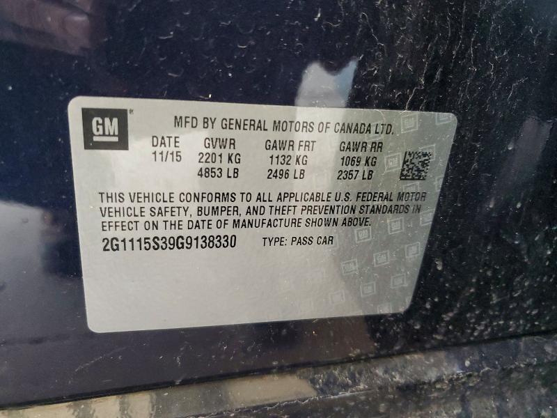 52340456 :رقم المزاد ، 2G1115S39G9138330 vin ، 2016 Chevrolet Impala مزاد بيع