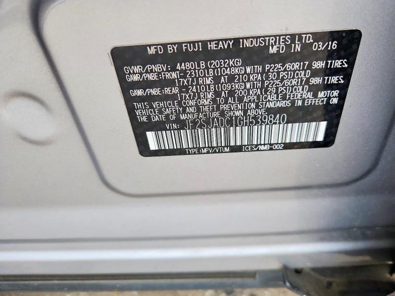 Aukcja sprzedaży 2016 Subaru Forester, vin: JF2SJADC1GH539840, numer aukcji: 52134866