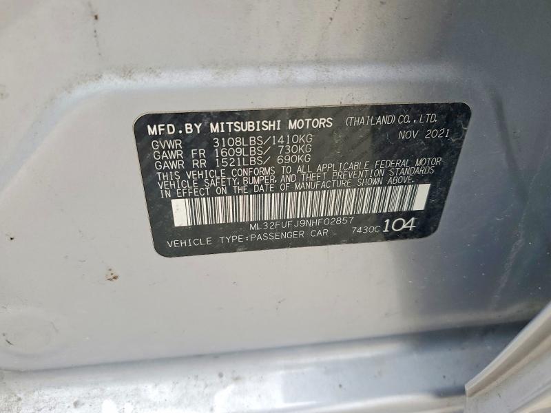 54022296 :رقم المزاد ، ML32FUFJ9NHF02857 vin ، 2022 Mitsubishi Mirage مزاد بيع