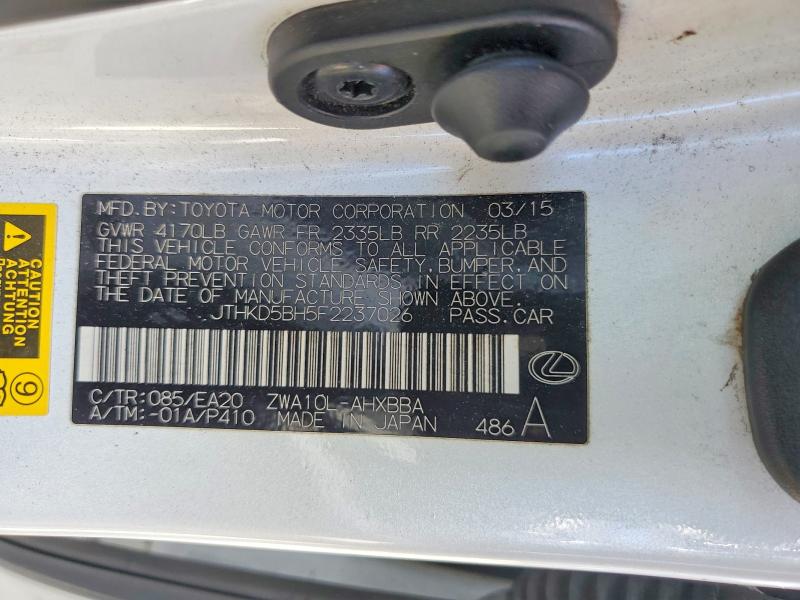 54177486 :رقم المزاد ، JTHKD5BH5F2237026 vin ، 2015 Lexus Ct 200h مزاد بيع