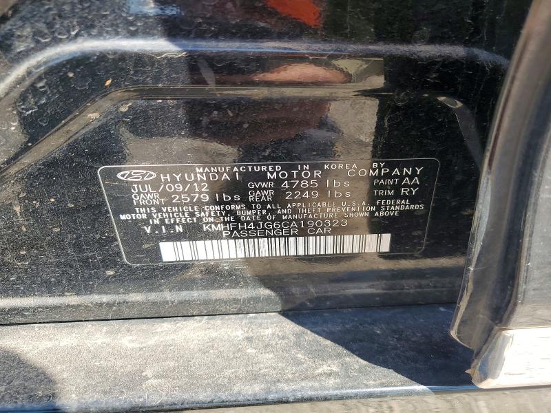 2012 Hyundai Azera მანქანა იყიდება აუქციონზე, vin: KMHFH4JG6CA190323, აუქციონის ნომერი: 52007746