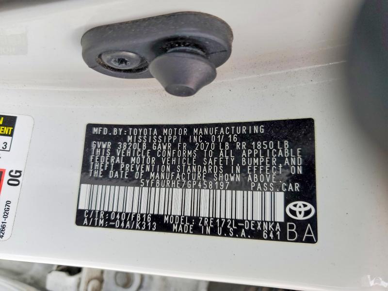 Aukcja sprzedaży 2016 Toyota Corolla, vin: 5YFBURHE7GP458197, numer aukcji: 52315656