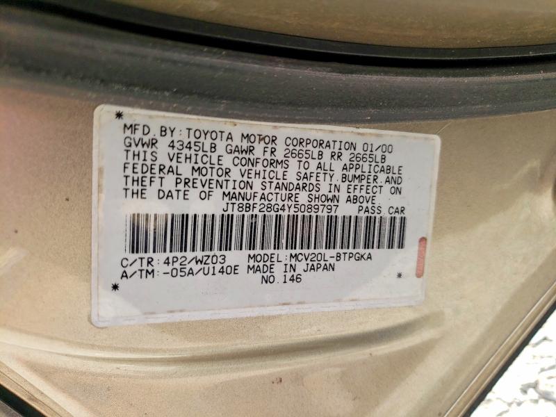 52207696 :رقم المزاد ، JT8BF28G4Y5089797 vin ، 2000 Lexus Es مزاد بيع