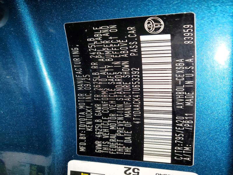 2026 Toyota Camry მანქანა იყიდება აუქციონზე, vin: 4T1DAACK4TU653392, აუქციონის ნომერი: 52679956