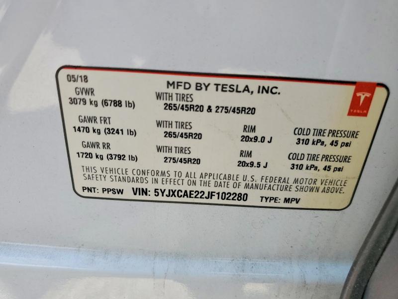 Aukcja sprzedaży 2018 Tesla Model X, vin: 5YJXCAE22JF102280, numer aukcji: 51381246