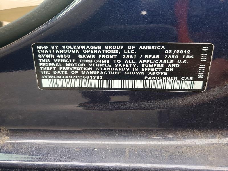 55191496 :رقم المزاد ، 1VWCM7A37CC061333 vin ، 2012 Volkswagen Passat مزاد بيع