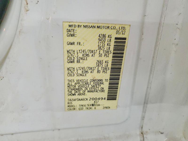 Aukcja sprzedaży 2012 Nissan Nv, vin: 5BZAF0AA6CN200494, numer aukcji: 54789606