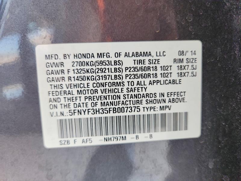 2015 Honda Pilot მანქანა იყიდება აუქციონზე, vin: 5FNYF3H35FB007375, აუქციონის ნომერი: 55190836