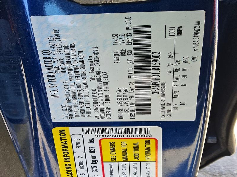 Продаж на аукціоні авто 2018 Ford Fusion, vin: 3FA6P0HD1JR159002, номер лоту: 51115126