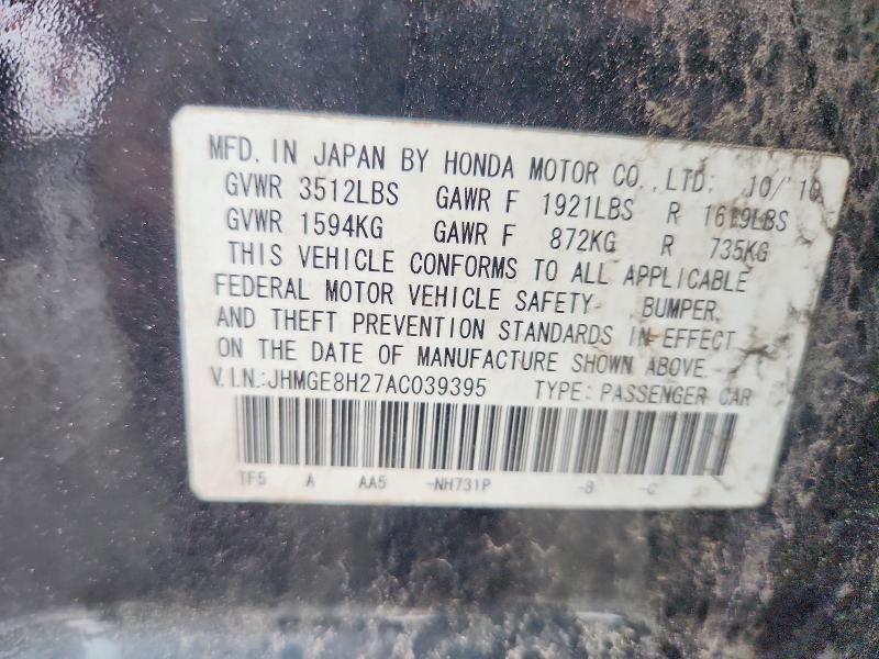 2010 Honda Fit მანქანა იყიდება აუქციონზე, vin: JHMGE8H27AC039395, აუქციონის ნომერი: 52782736