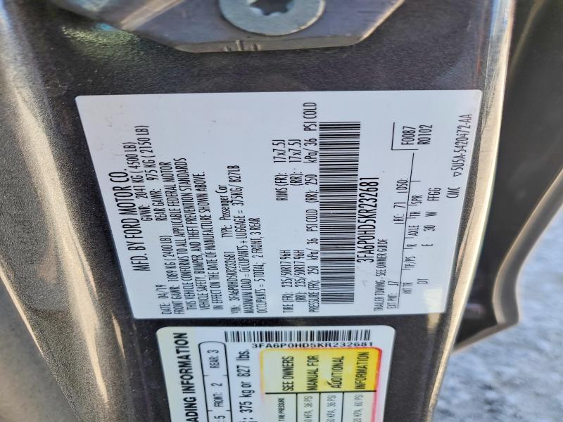 2019 Ford Fusion მანქანა იყიდება აუქციონზე, vin: 3FA6P0HD5KR232681, აუქციონის ნომერი: 55058576