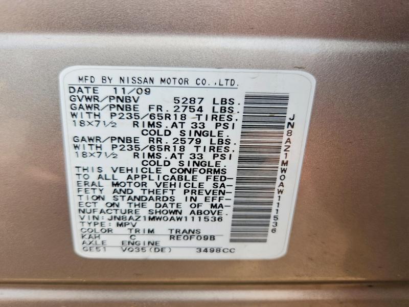 53172496 :رقم المزاد ، JN8AZ1MW0AW111536 vin ، 2010 Nissan Murano مزاد بيع