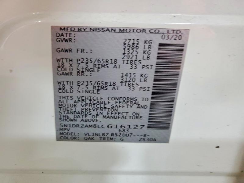 54468596 :رقم المزاد ، 5N1DR2AM8LC616127 vin ، 2020 Nissan Pathfinder مزاد بيع