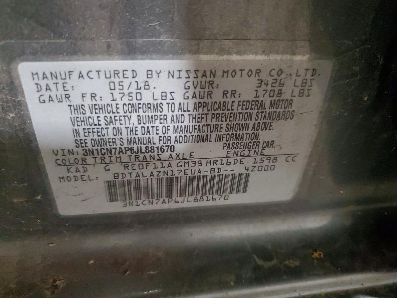 Auction sale of the 2018 Nissan Versa, vin: 3N1CN7AP6JL881670, lot number: 54457106