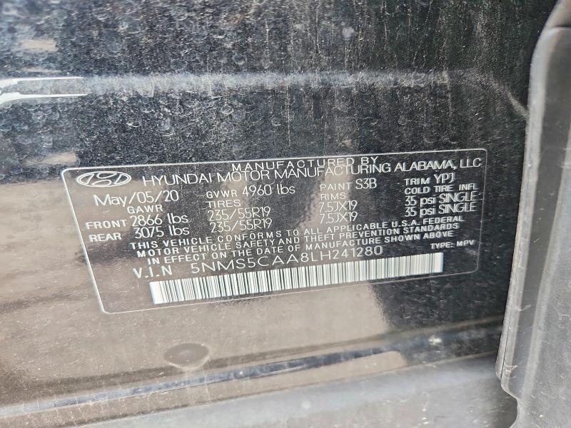 2020 Hyundai Santa Fe მანქანა იყიდება აუქციონზე, vin: 5NMS5CAA8LH241280, აუქციონის ნომერი: 54224216