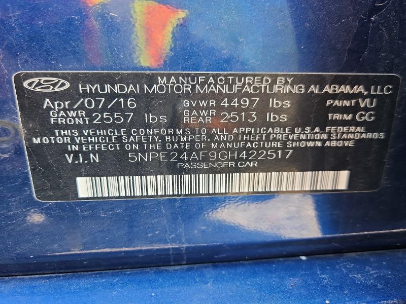 2016 Hyundai Sonata მანქანა იყიდება აუქციონზე, vin: 5NPE24AF9GH422517, აუქციონის ნომერი: 52884216