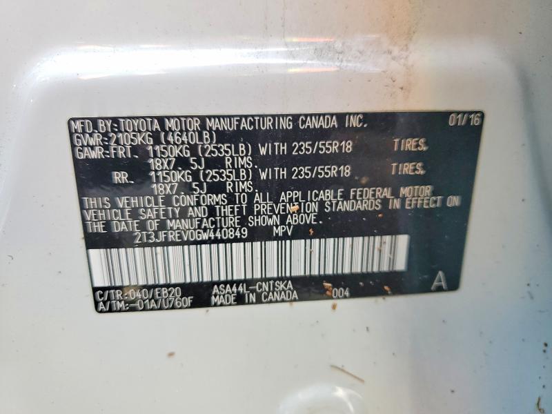 47841156 :رقم المزاد ، 2T3JFREV0GW440849 vin ، 2016 Toyota Rav4 مزاد بيع