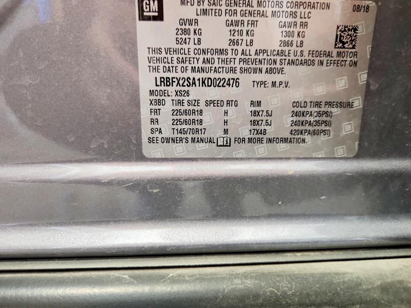 55401486 :رقم المزاد ، LRBFX2SA1KD022476 vin ، 2019 Buick Envision مزاد بيع