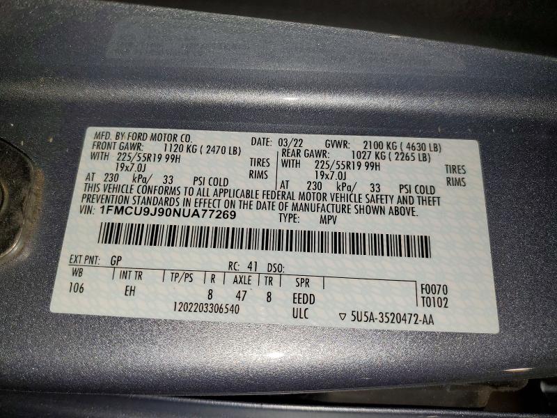 Aukcja sprzedaży 2022 Ford Escape, vin: 1FMCU9J90NUA77269, numer aukcji: 53105016
