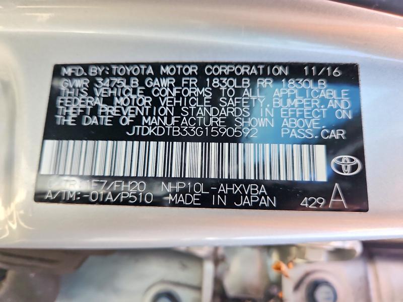 2016 Toyota Prius C მანქანა იყიდება აუქციონზე, vin: JTDKDTB33G1590592, აუქციონის ნომერი: 52326996