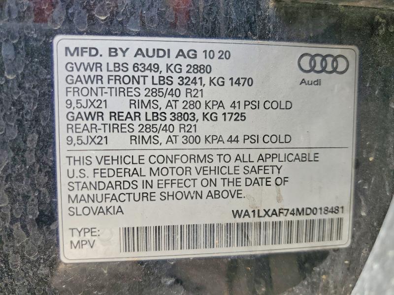 Aukcja sprzedaży 2021 Audi Q7, vin: WA1LXAF74MD018481, numer aukcji: 54070786
