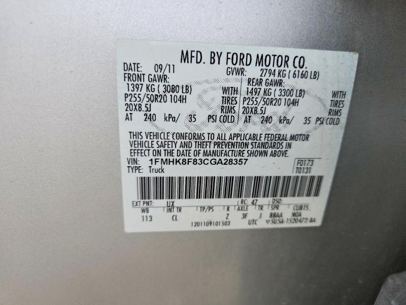 Aukcja sprzedaży 2012 Ford Explorer, vin: 1FMHK8F83CGA28357, numer aukcji: 54116306