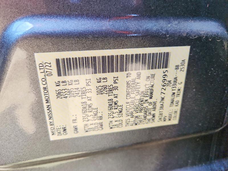 52329086 :رقم المزاد ، 5N1BT3BA7NC726995 vin ، 2022 Nissan Rogue مزاد بيع