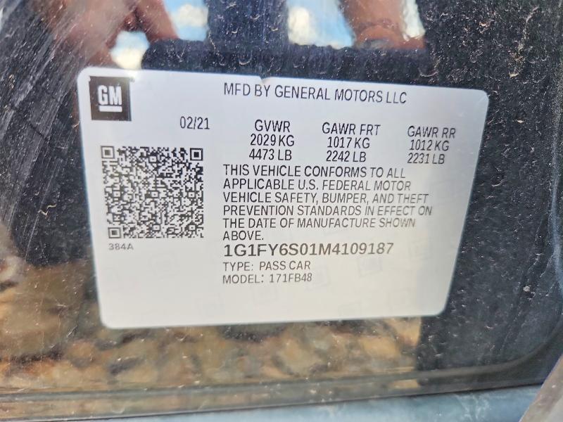 2021 Chevrolet Bolt Ev მანქანა იყიდება აუქციონზე, vin: 1G1FY6S01M4109187, აუქციონის ნომერი: 54522136
