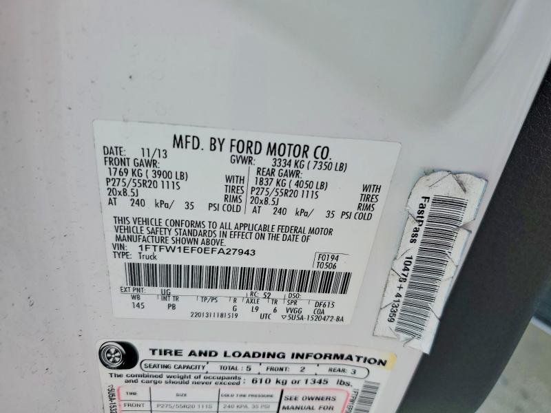54952306 :رقم المزاد ، 1FTFW1EF0EFA27943 vin ، 2014 Ford F150 مزاد بيع