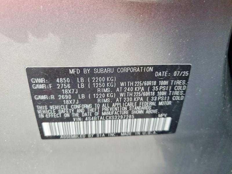 2025 Subaru Outback მანქანა იყიდება აუქციონზე, vin: 4S4BTALCXS3297285, აუქციონის ნომერი: 52889576